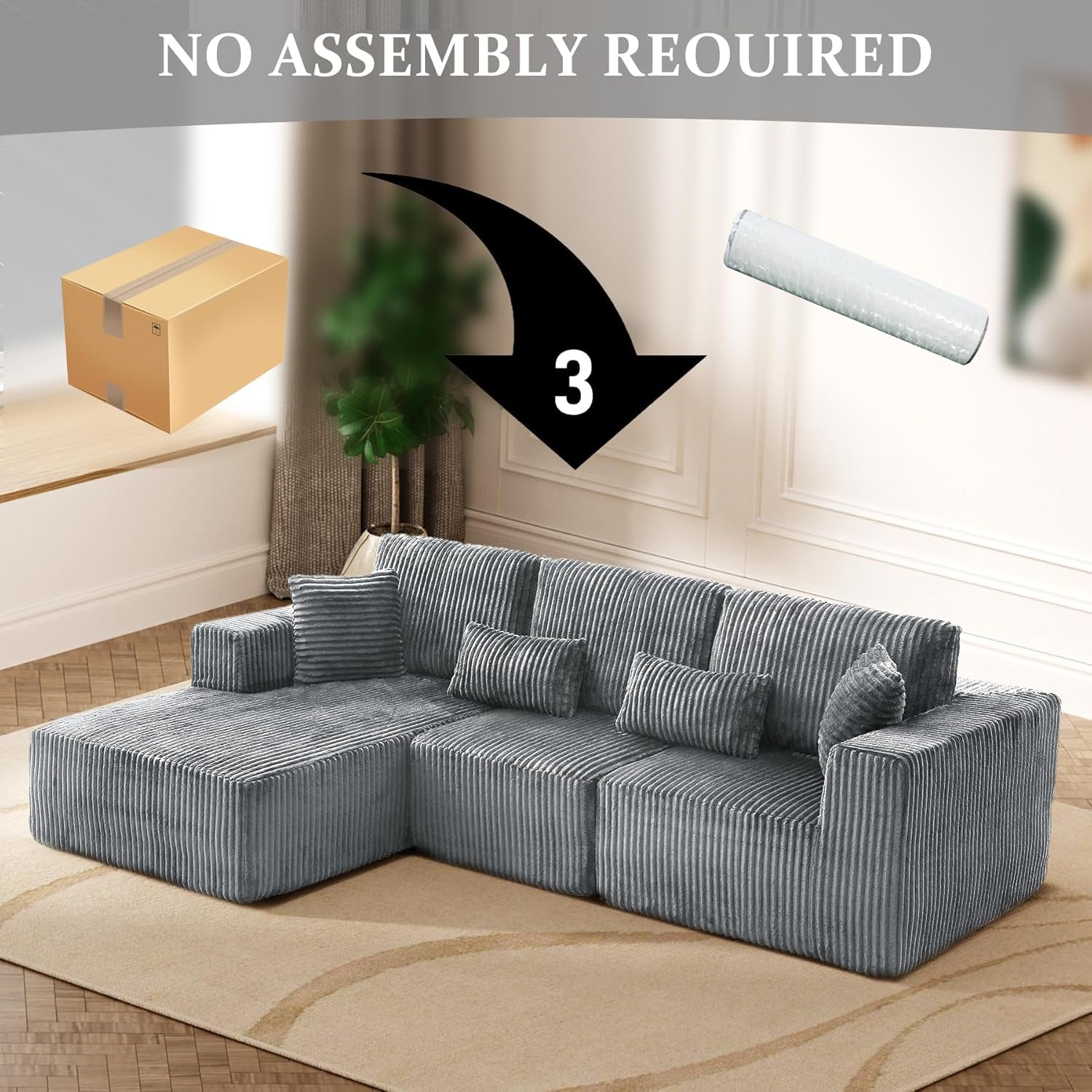 108 Inch Cloud Sectional Sofa Grey Ultra Soft Chenille - Image 5