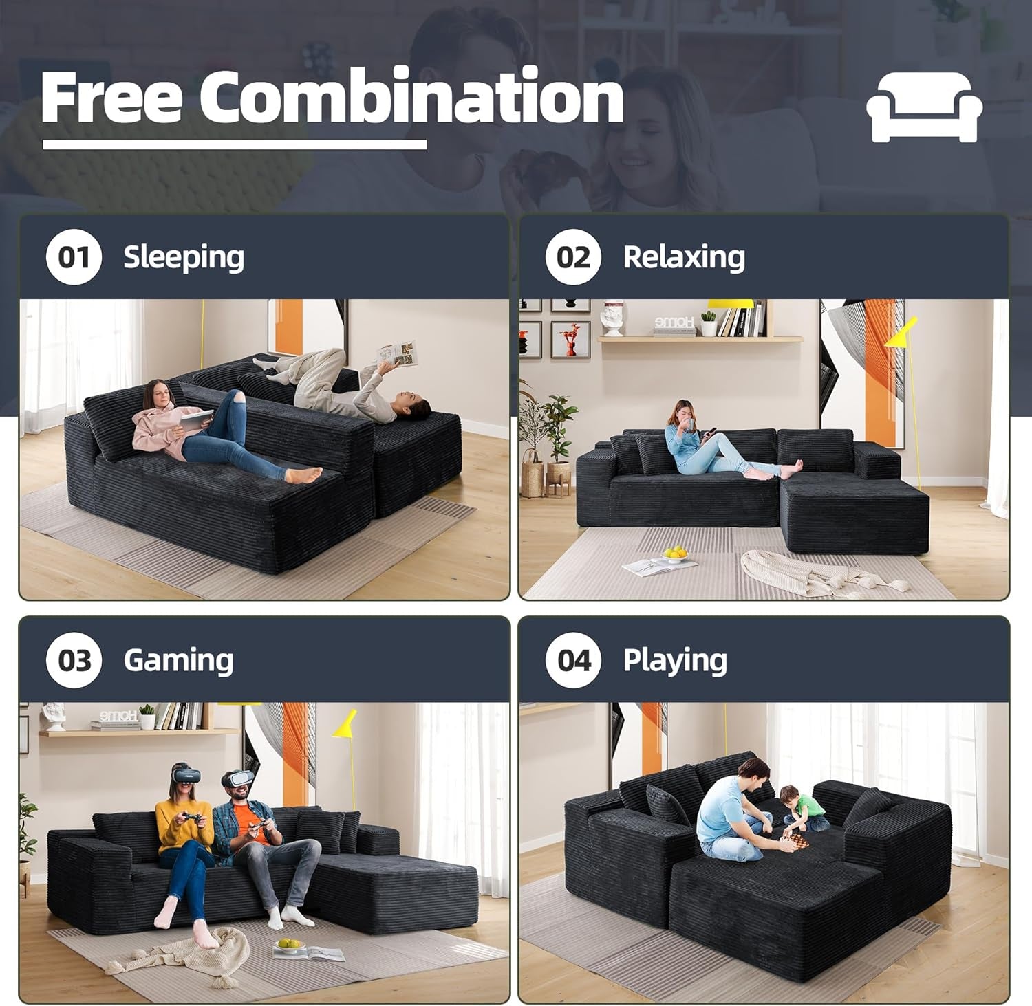 106 Inch Black Corduroy Upholstered Sectional Sofa - Image 5