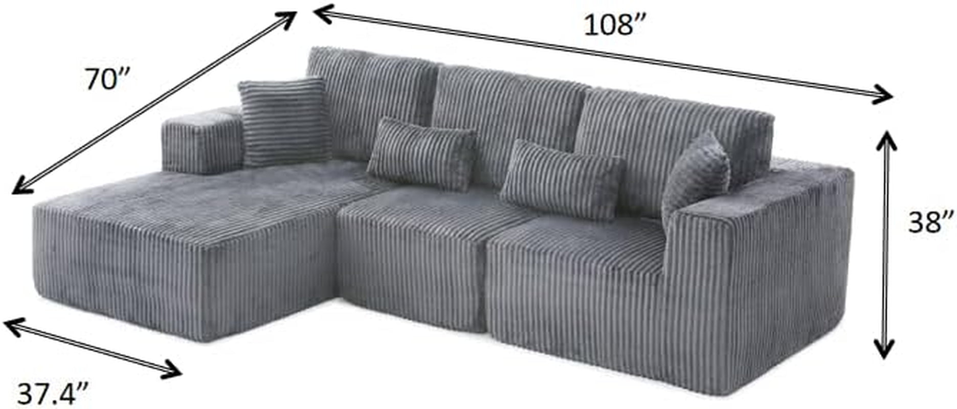 108 Inch Cloud Sectional Sofa Grey Ultra Soft Chenille - Image 2
