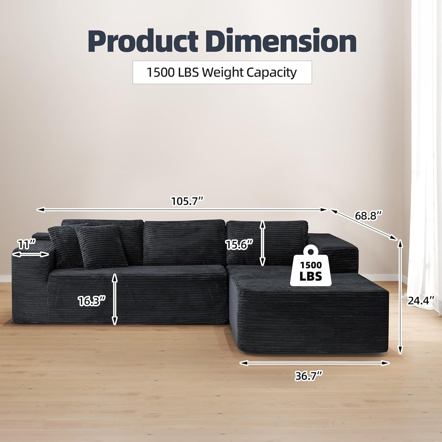 106 Inch Black Corduroy Upholstered Sectional Sofa - Image 2