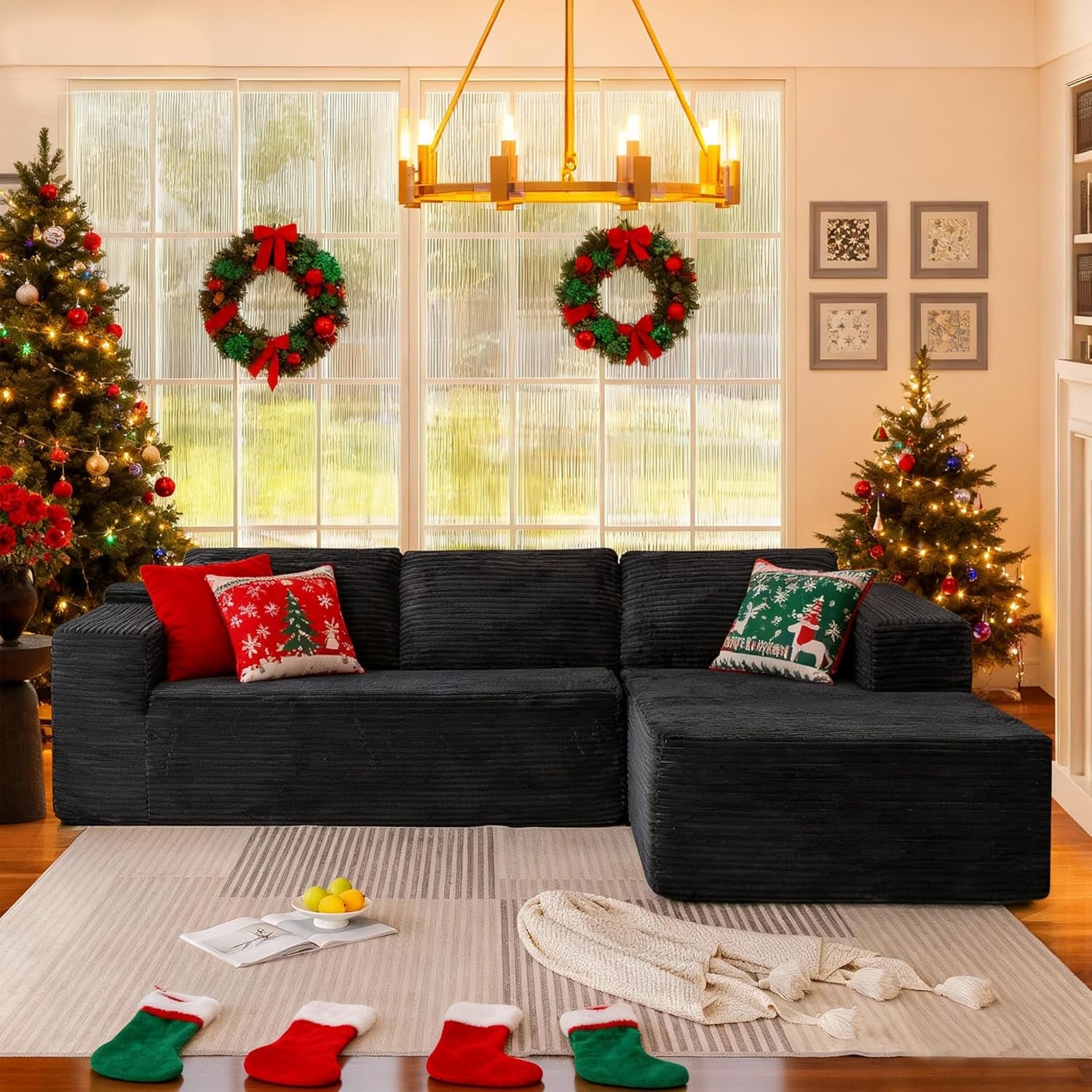 106 Inch Black Corduroy Upholstered Sectional Sofa - Image 4