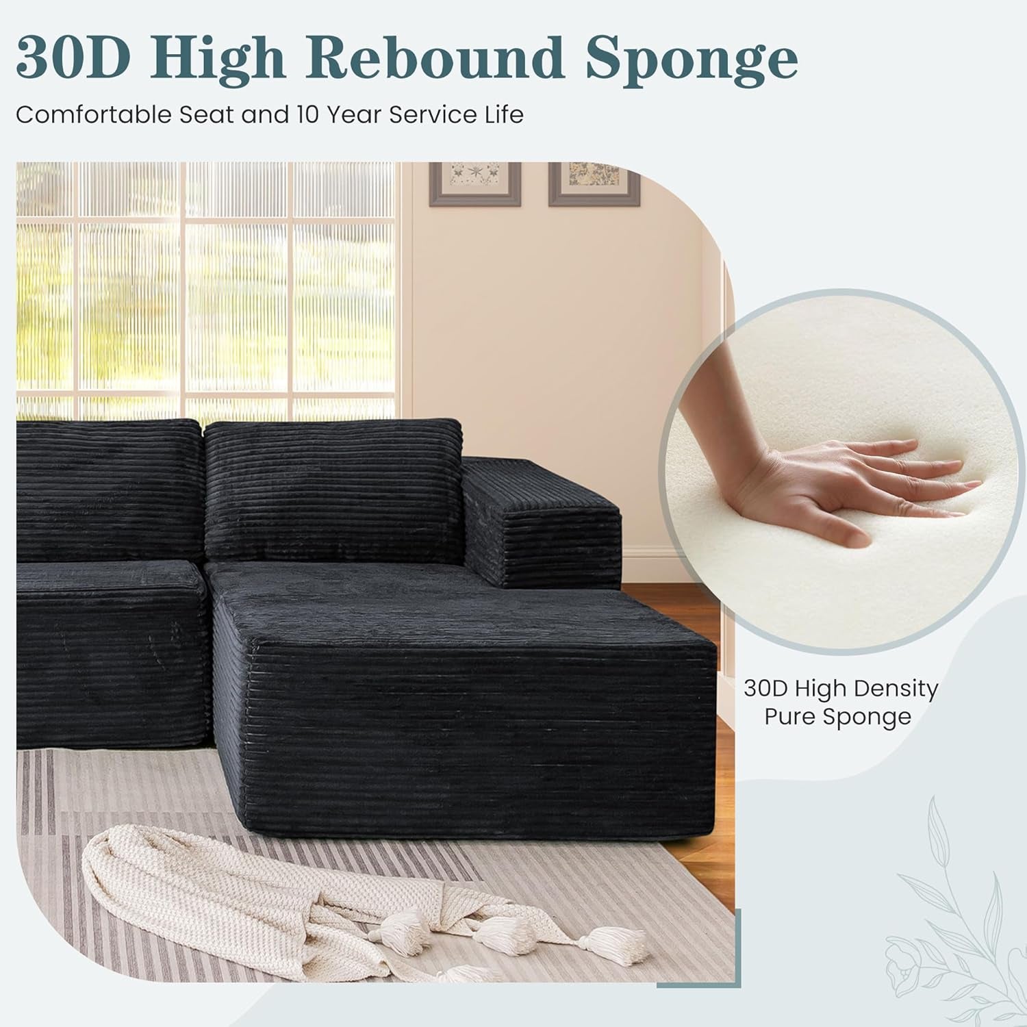 106 Inch Black Corduroy Upholstered Sectional Sofa - Image 3