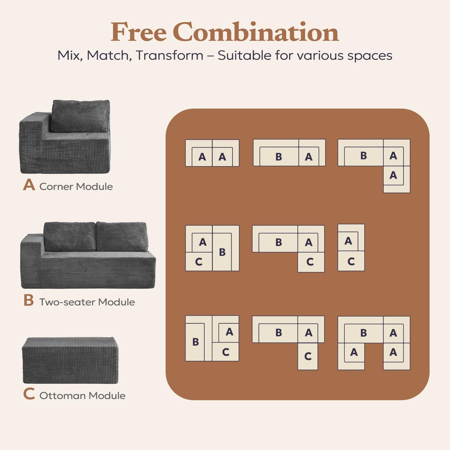 106 Inches Modular Sectional Sofa Right Facing Grey - Image 4