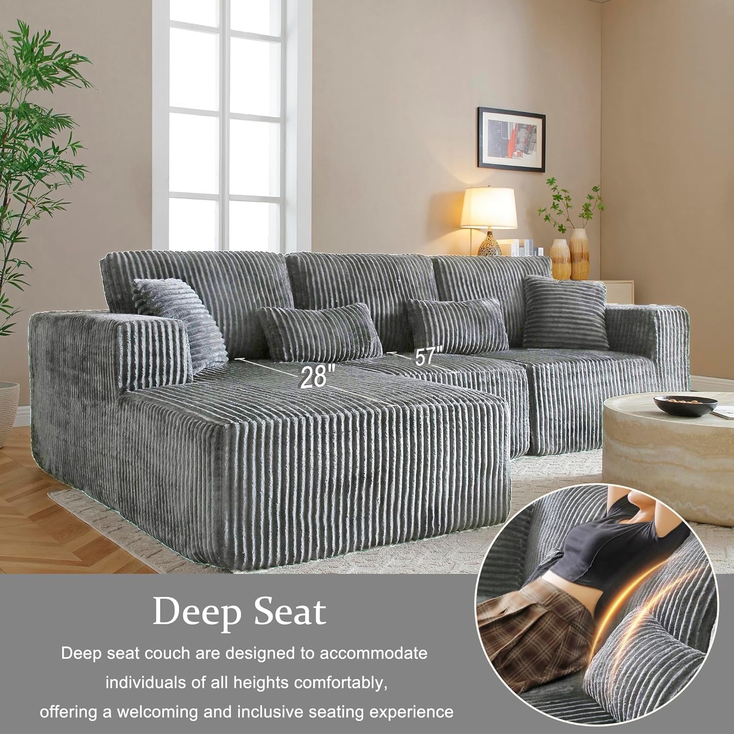 108 Inch Cloud Sectional Sofa Grey Ultra Soft Chenille - Image 4