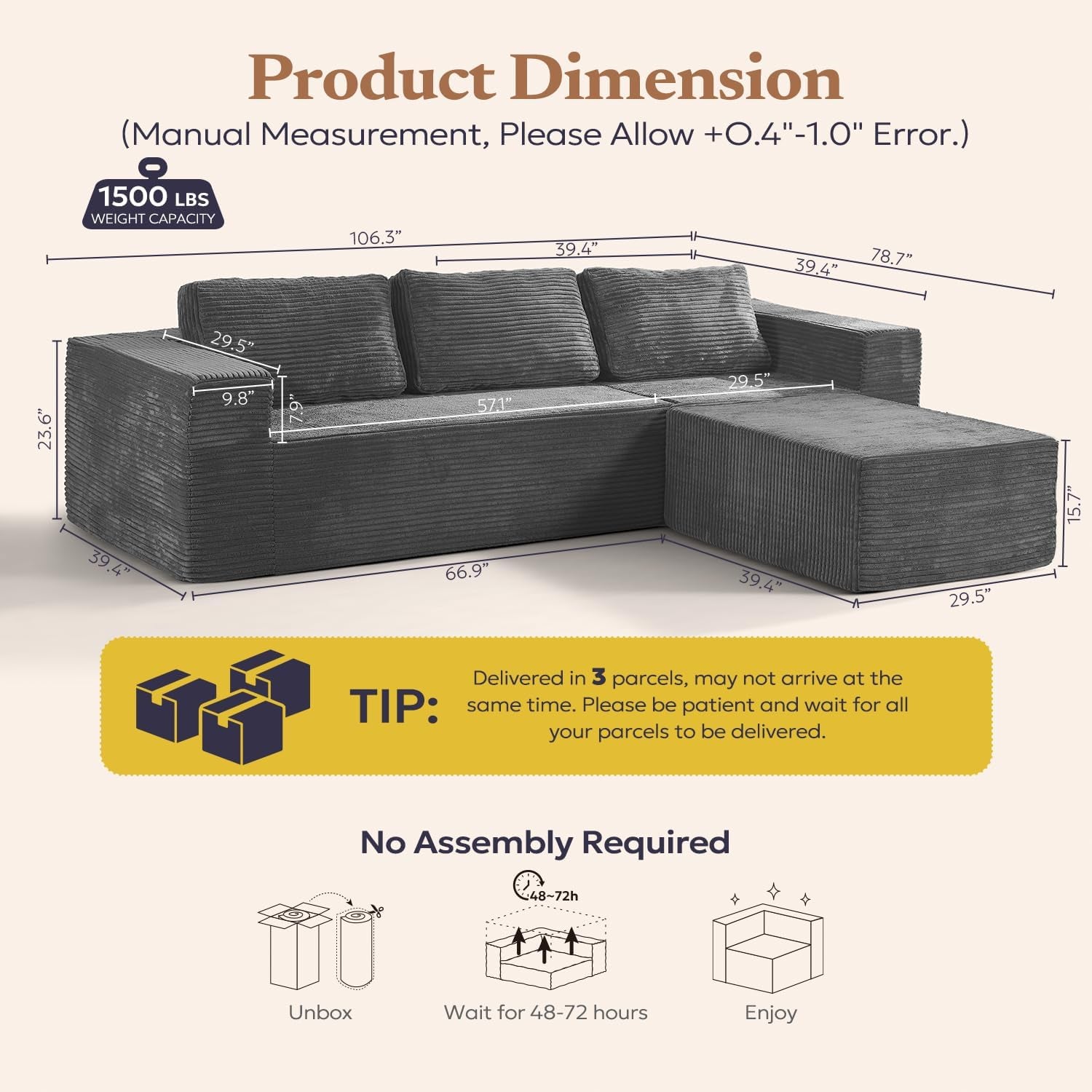 106 Inches Modular Sectional Sofa Right Facing Grey - Image 3